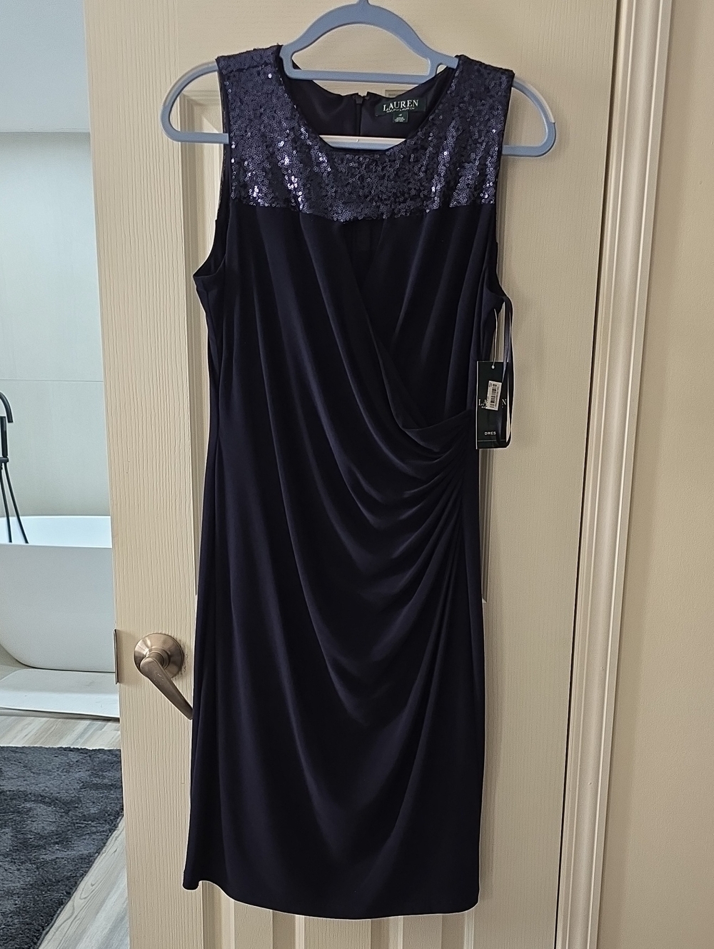 Ralph Lauren Navy Sleeveless Sequin Yoke Midi Dress